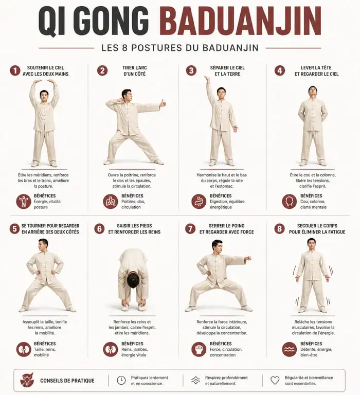Infographie des 8 postures du Qi Gong Baduanjin pour la santé et la vitalité