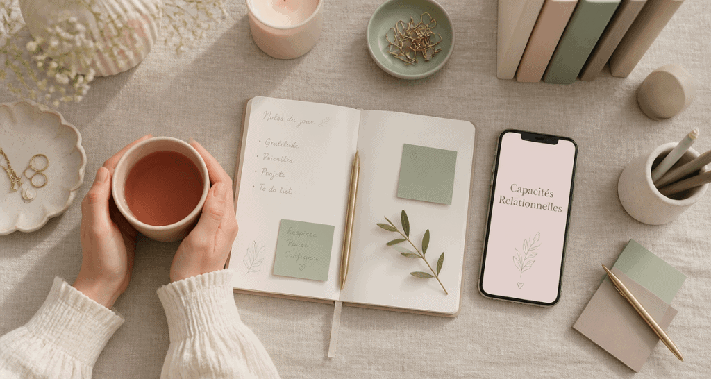 bureau élégant avec carnet et capacités relationnelles sur smartphone