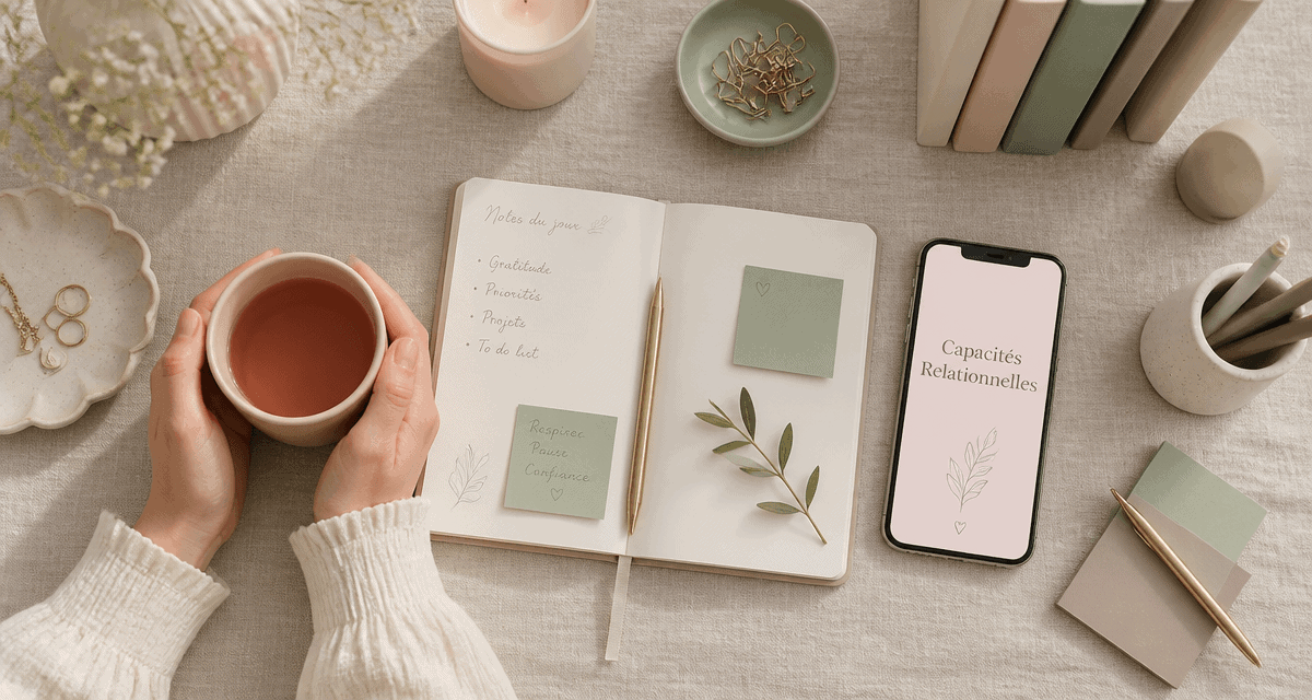 bureau élégant avec carnet et capacités relationnelles sur smartphone