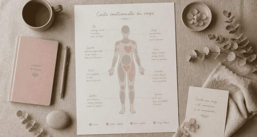 Carte émotionnelle des maux du corps illustrée sur un bureau zen