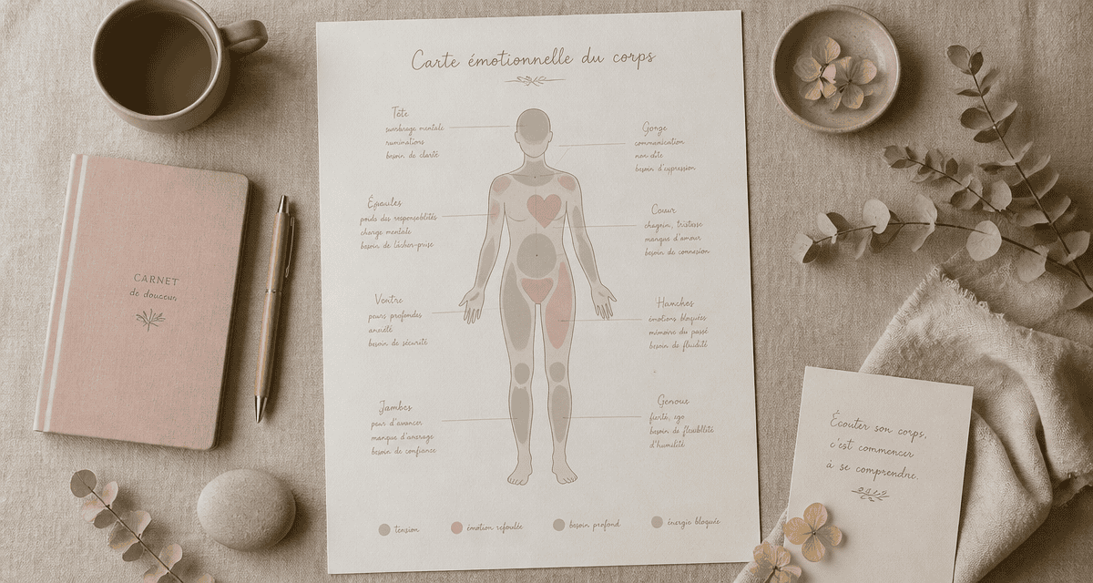 Carte émotionnelle des maux du corps illustrée sur un bureau zen