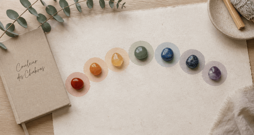 couleur des chakras pierres alignées sur bureau zen