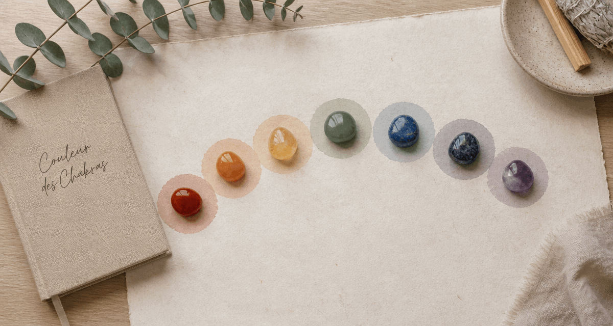 couleur des chakras pierres alignées sur bureau zen