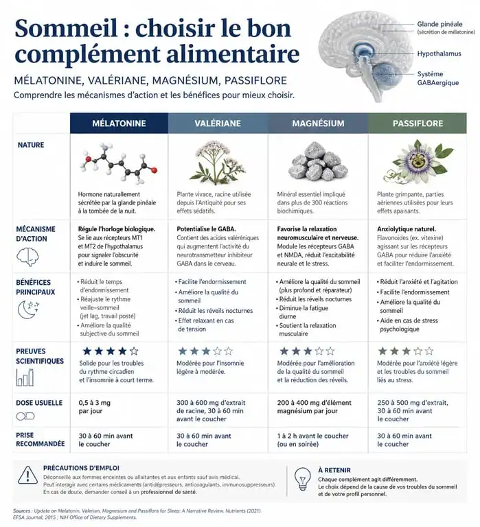 Infographie comparative des compléments alimentaires pour dormir : mélatonine, plantes et vitamines