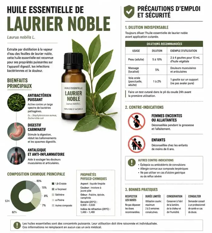 Infographie sur les bienfaits et précautions d'utilisation de l'huile essentielle de laurier noble