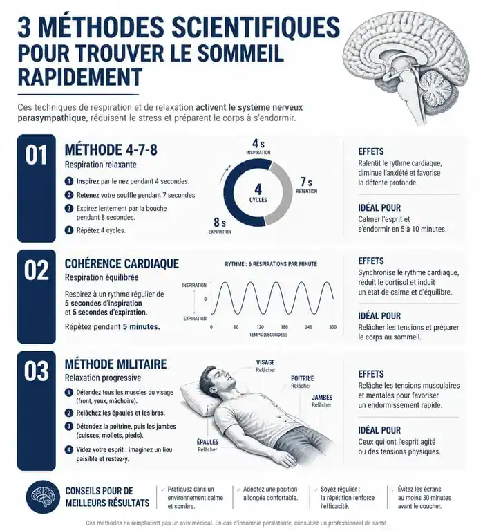 Infographie des techniques pour trouver le sommeil rapidement : 4-7-8, cohérence cardiaque et méthode militaire