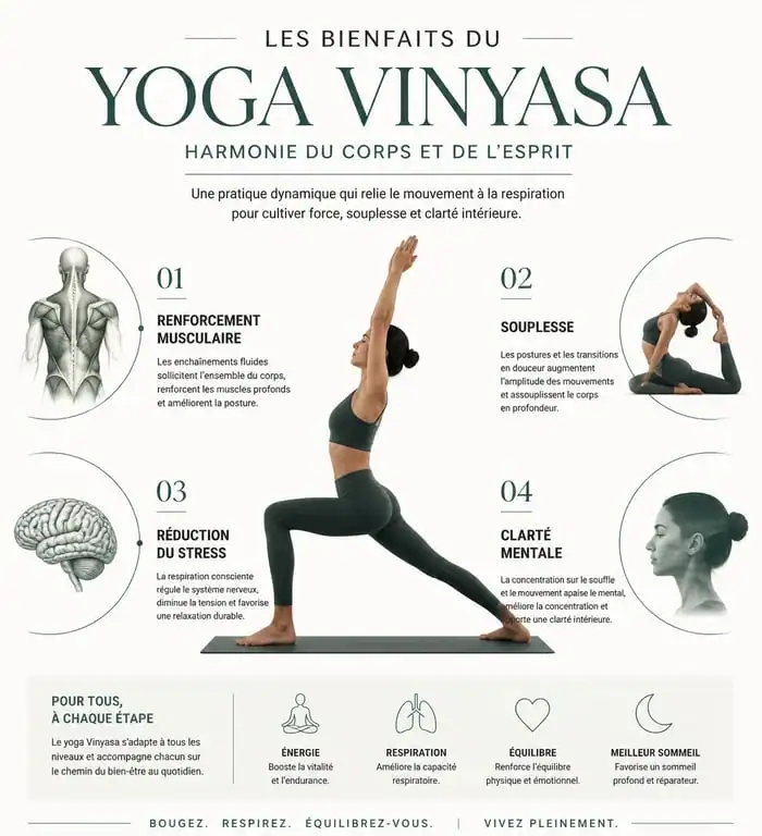 Infographie des bienfaits du yoga Vinyasa sur la santé physique et mentale