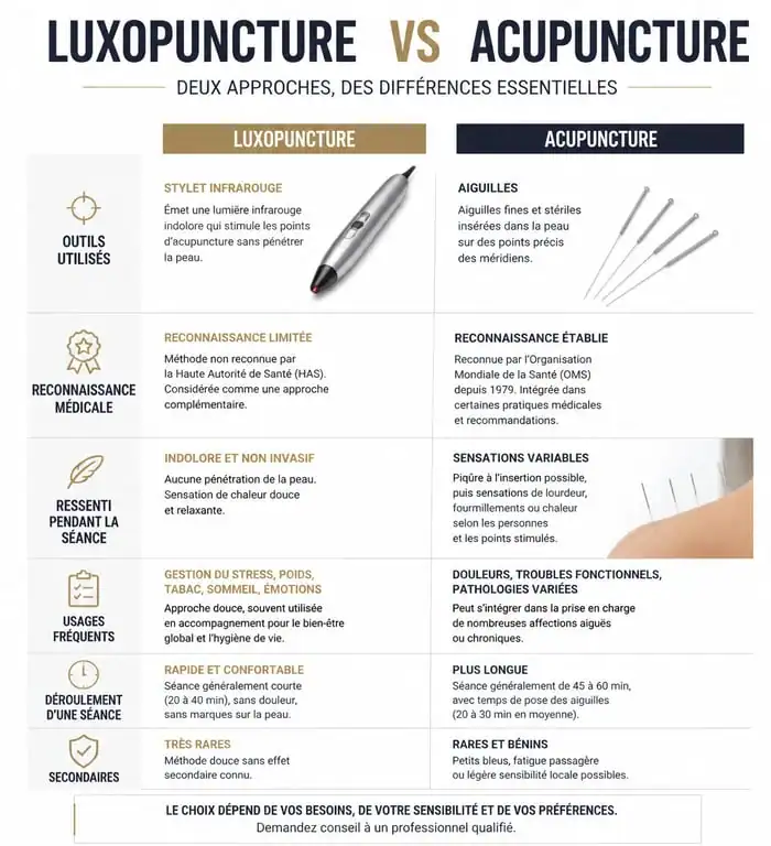 Comparatif luxopuncture et acupuncture : différences, efficacité et reconnaissance médicale