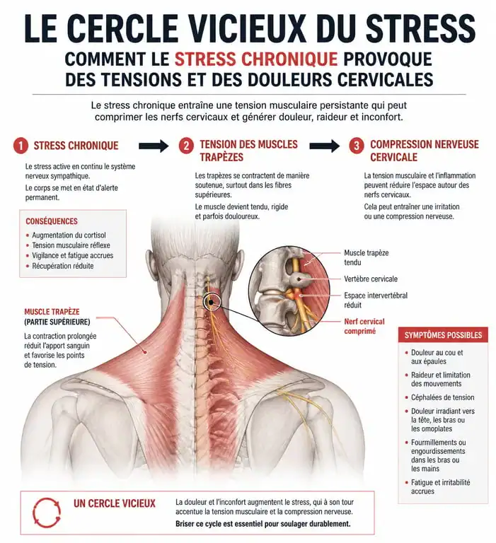 Schéma explicatif du lien entre stress, tension musculaire et névralgie cervico-brachiale