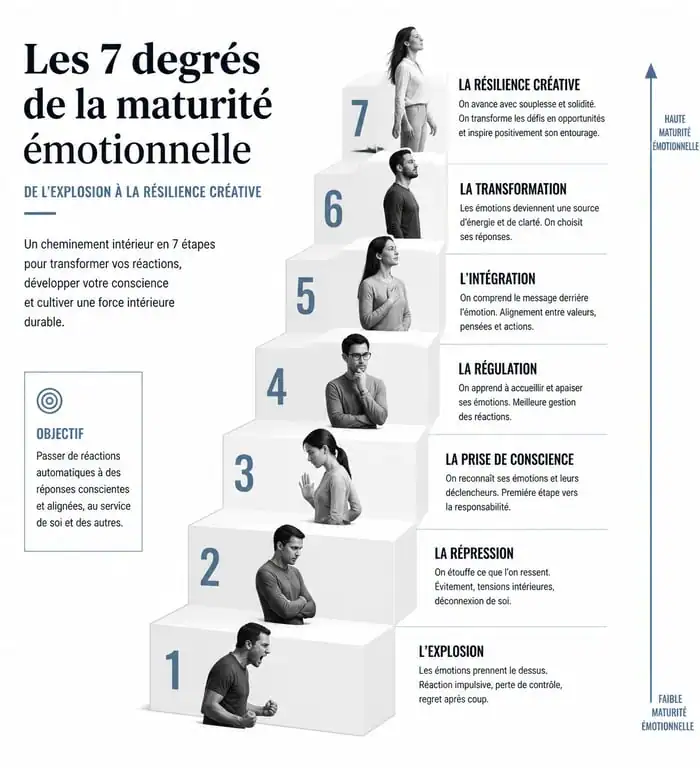 Infographie des 7 degrés de la maturité émotionnelle : de la réaction impulsive à la résilience créative.