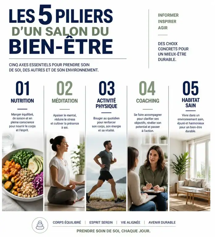 Les 5 piliers d'un salon du bien-être en 2024 : nutrition, méditation, sport, coaching et habitat sain