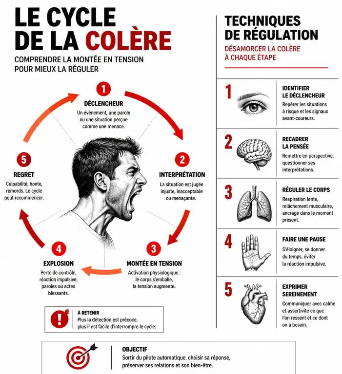 Infographie sur les techniques pour gérer sa colère et identifier les signes avant-coureurs