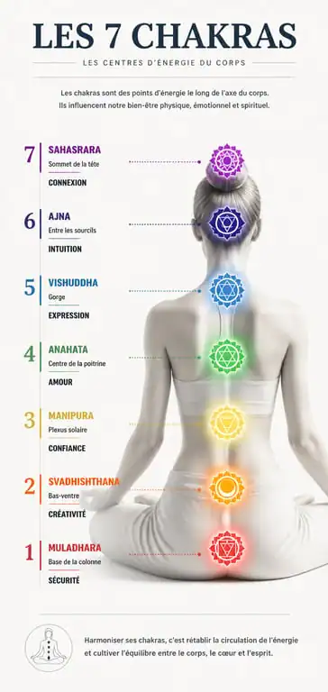 Infographie des 7 chakras et leurs couleurs pour l'harmonisation énergétique