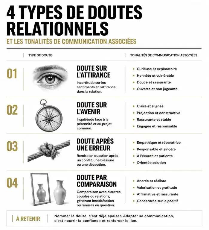 Infographie sur les stratégies de communication pour rassurer une femme qui doute dans son couple