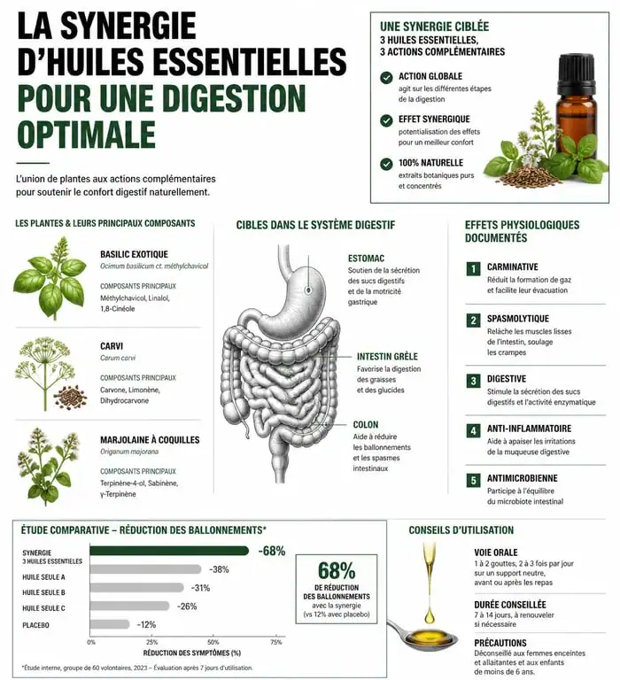 Infographie des bienfaits de l'huile essentielle DIG pour la digestion et le confort intestinal