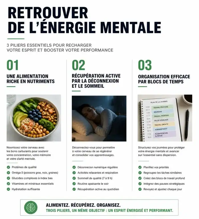 Infographie sur les méthodes pour retrouver de l'énergie mentale et lutter contre la fatigue cognitive
