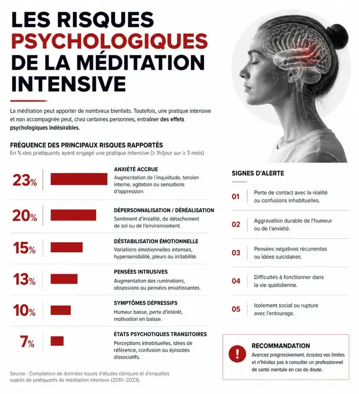 Infographie des risques et effets secondaires de la méditation Vipassana et conseils de préparation