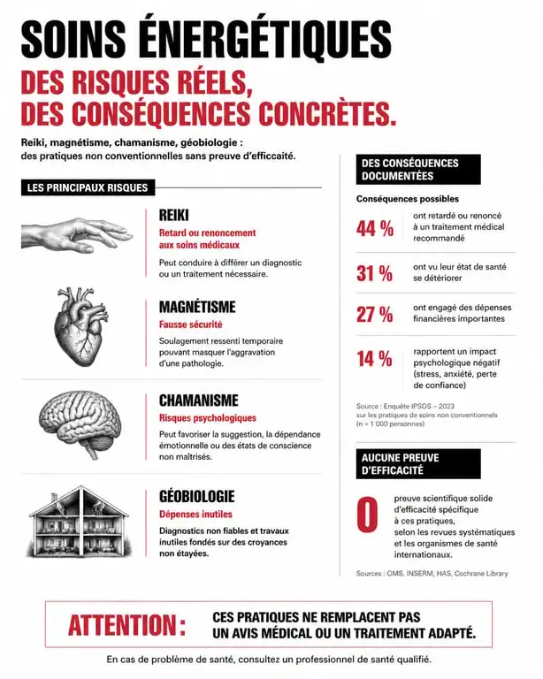 Infographie sur les risques et dangers des soins énergétiques et médecines alternatives