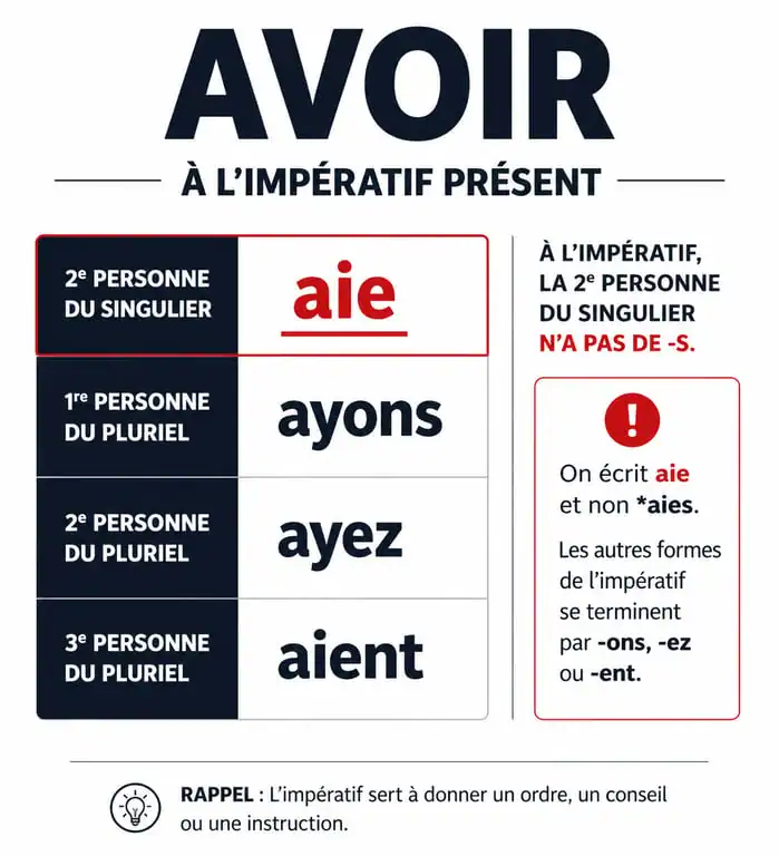 Infographie explicative sur l'orthographe de aie confiance en toi et la conjugaison du verbe avoir