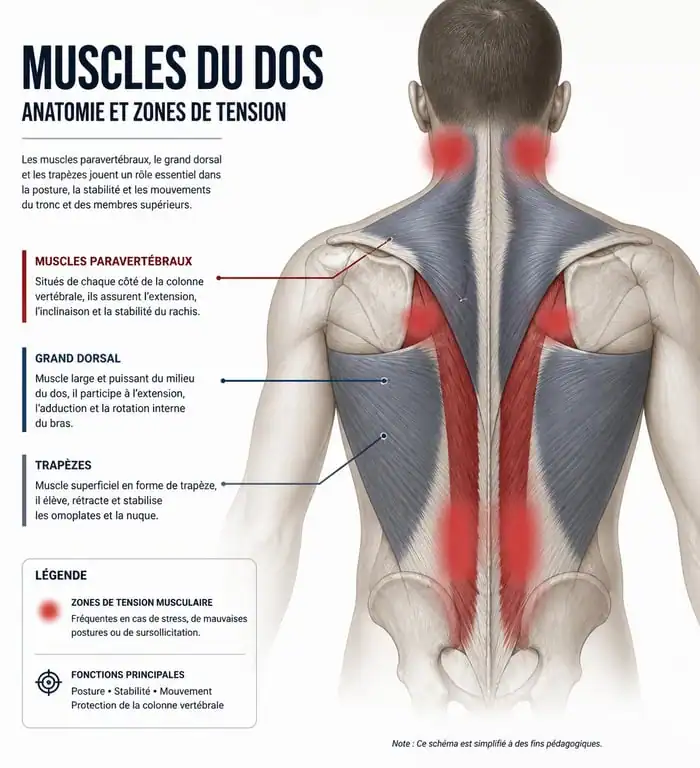 Schéma anatomique des muscles du dos pour comprendre la douleur musculaire au dos