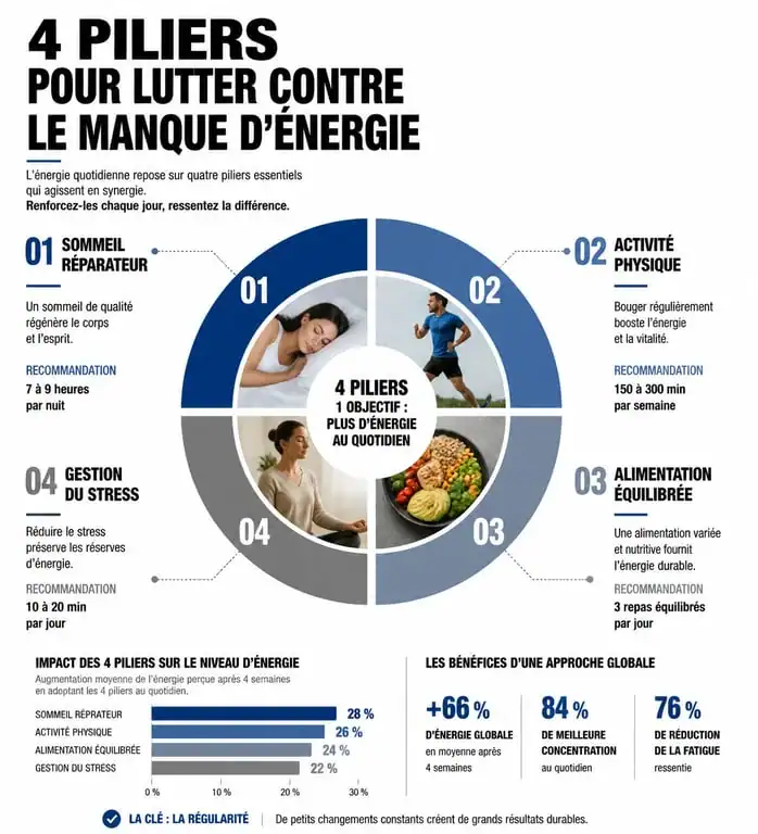 Infographie des 4 piliers pour retrouver de l'énergie et lutter contre le manque d'énergie au quotidien