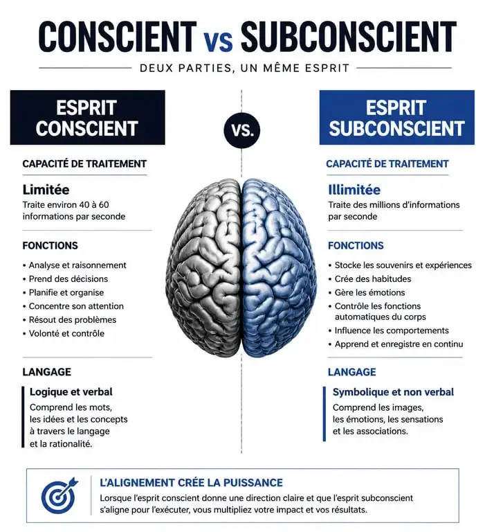 Infographie comparant le fonctionnement de l'esprit conscient et du subconscient