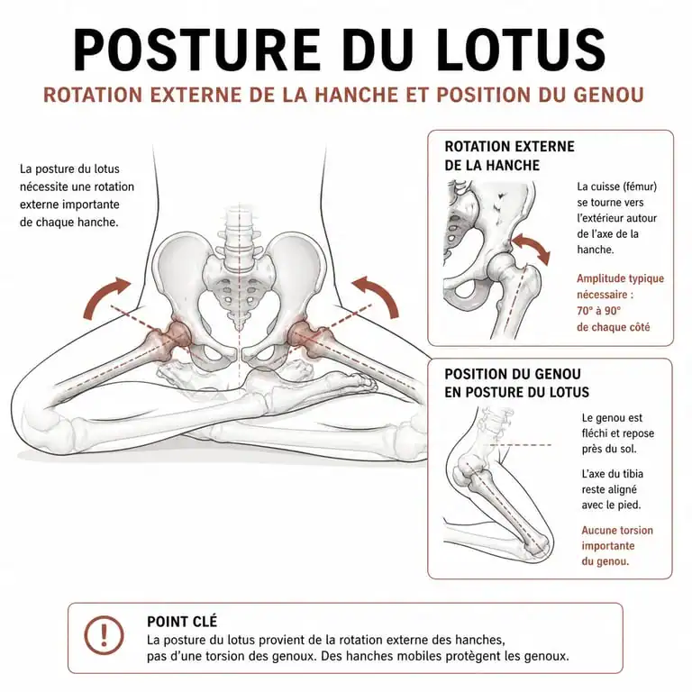 Schéma anatomique de la position du lotus et rotation de la hanche
