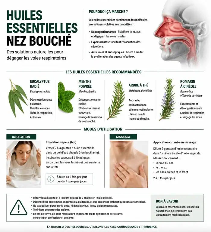 Infographie des huiles essentielles pour déboucher le nez et soulager la congestion nasale