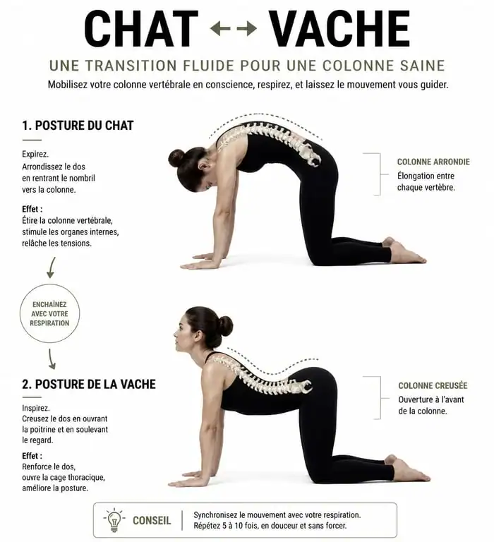 Infographie illustrant la posture du chat en yoga et la posture de la vache pour une pratique sécurisée
