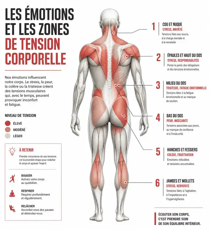 Carte émotionnelle des maux du corps illustrant les zones de tension liées aux émotions