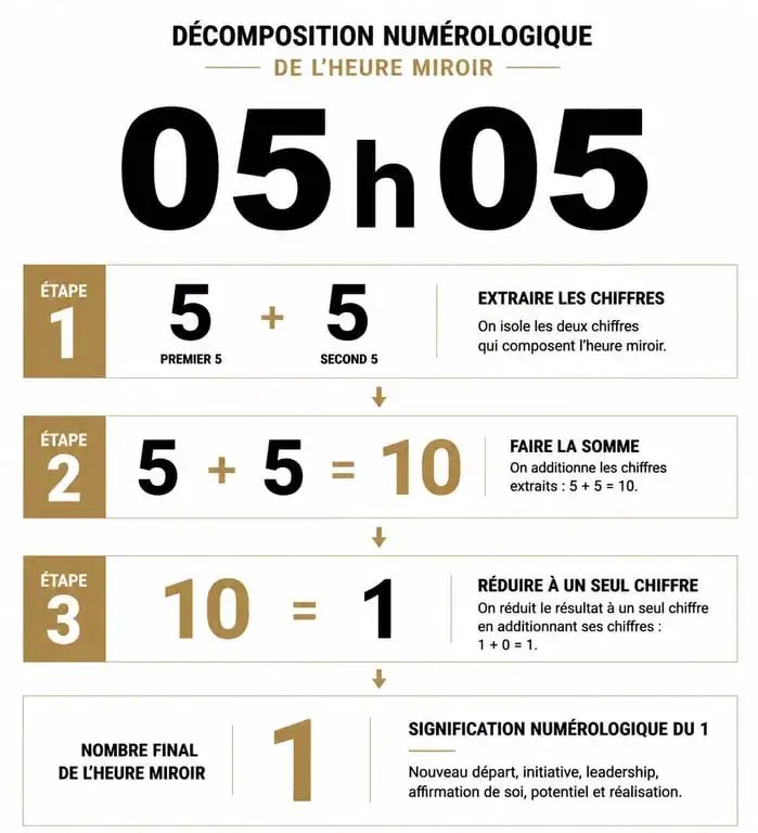 Infographie numérologique de l'heure miroir 05h05 et sa signification flamme jumelle