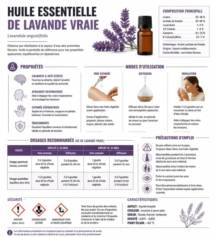 Infographie des bienfaits et précautions d'utilisation de l'huile essentielle de lavande vraie