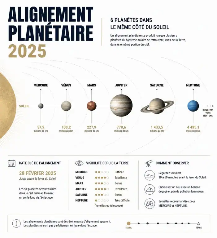 Infographie illustrant l'alignement des planètes et sa signification spirituelle en 2025