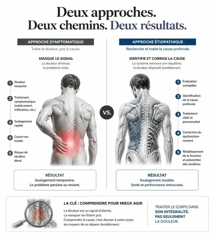 Schéma explicatif de la démarche causale en étiopathie comparée à une approche symptomatique