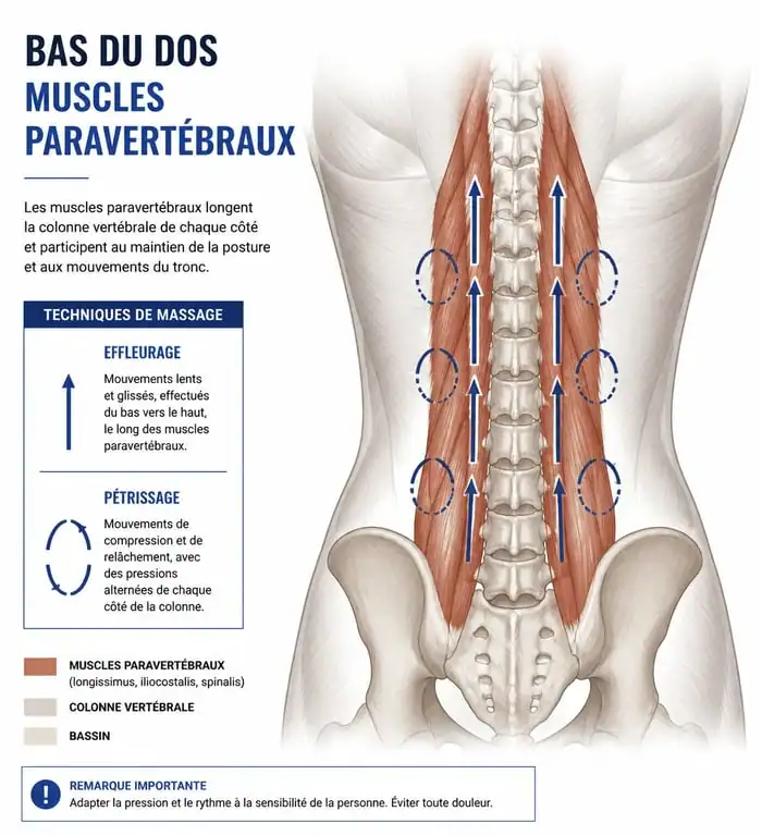 Schéma anatomique des zones de massage du bas du dos pour soulager les tensions lombaires