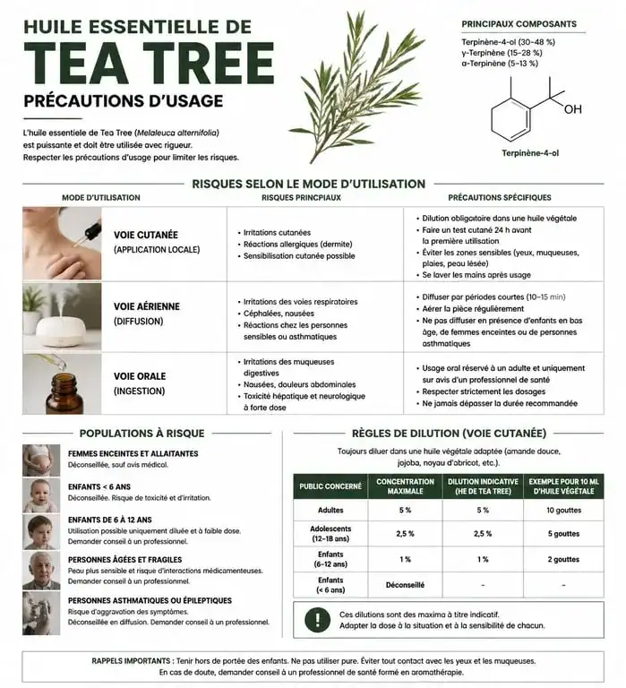Infographie des précautions et dangers de l'huile essentielle de tea tree
