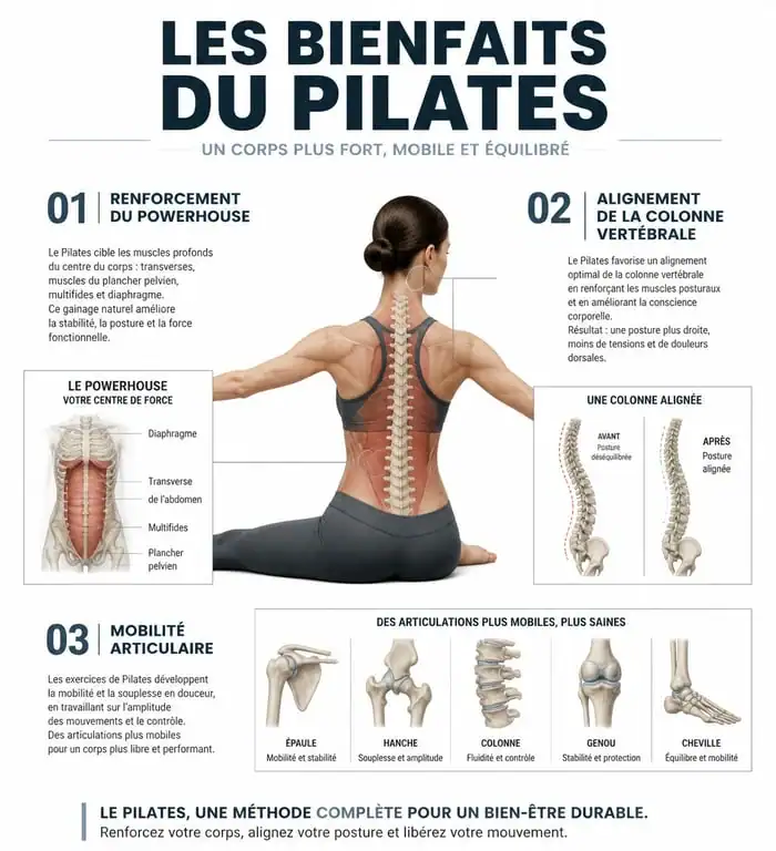 Infographie sur les bienfaits du Pilates pour le corps et la posture