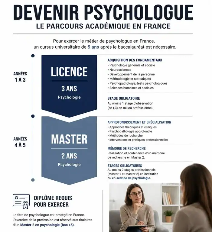 Infographie du parcours académique pour devenir psychologue à 40 ans