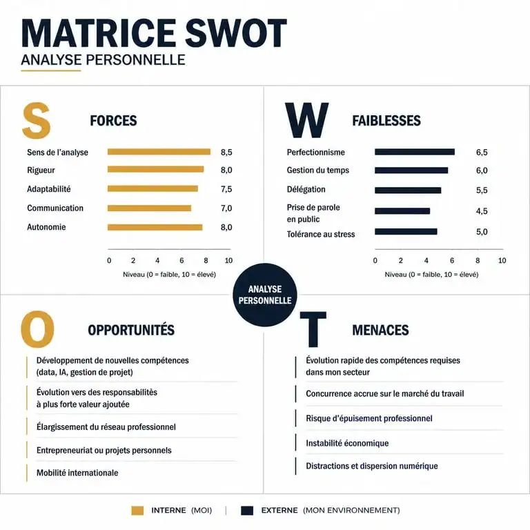 Matrice SWOT personnel illustrant les quatre piliers : forces, faiblesses, opportunités et menaces pour le développement de carrière.