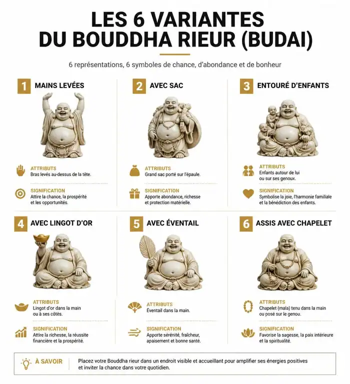 Infographie des 6 variantes du Bouddha rieur et leurs significations symboliques pour le Feng Shui