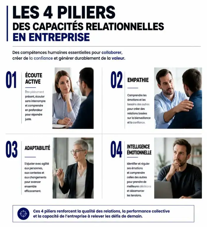 Infographie des piliers des capacités relationnelles en entreprise : écoute active, empathie, adaptabilité, intelligence émotionnelle.