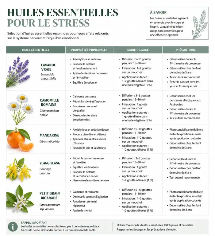 Infographie des huiles essentielles pour le stress et l'anxiété : propriétés et modes d'utilisation