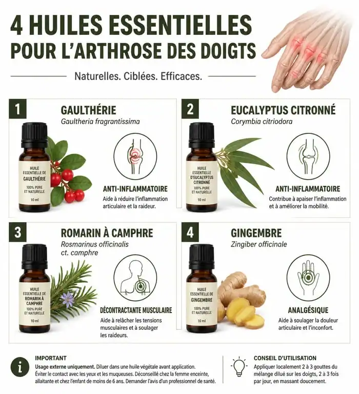 Infographie des huiles essentielles pour l'arthrose des doigts : propriétés et usages