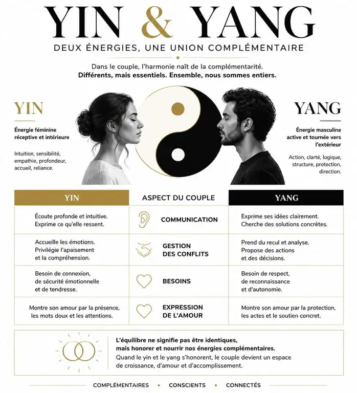 Infographie comparant les énergies yin et yang dans le couple pour comprendre l'équilibre amoureux
