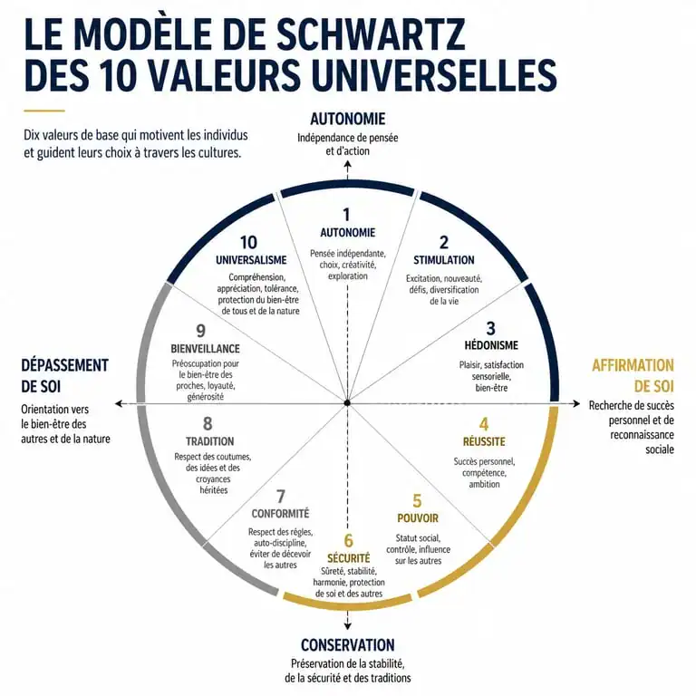 Infographie du modèle de Schwartz des 10 valeurs universelles pour identifier ses valeurs personnelles