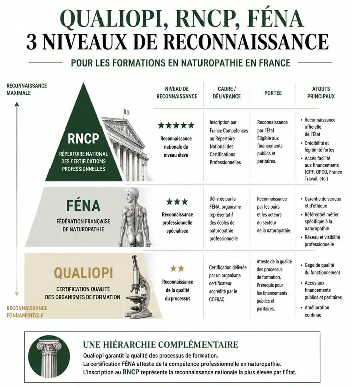 Infographie comparative des certifications en naturopathie : Qualiopi, RNCP et FÉNA