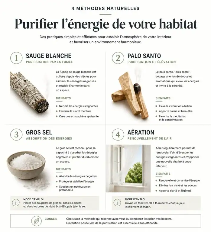 Infographie des méthodes pour purifier sa maison des mauvaises ondes