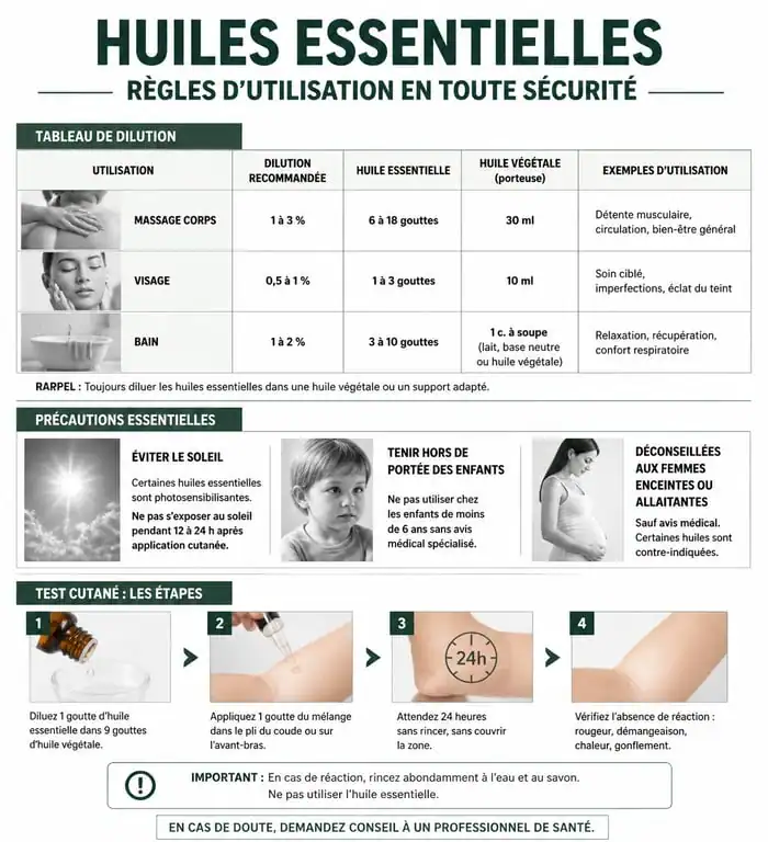 Infographie des règles de sécurité et dosages pour l'utilisation des huiles essentielles