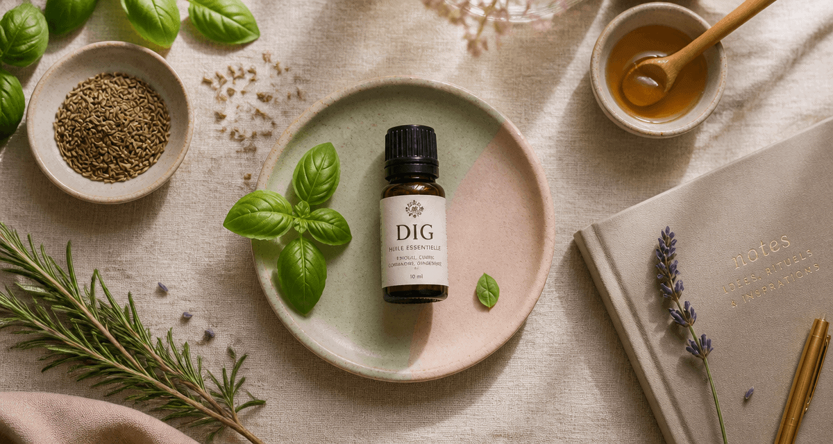 huile essentielle DIG bienfaits sur table avec plantes