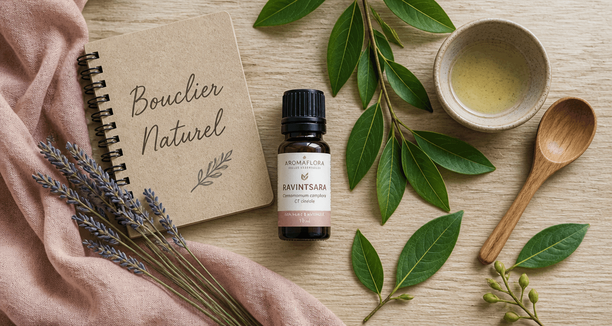 huile essentielle ravintsara bienfaits flacon et feuilles camphrier